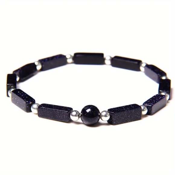 Blue Sandstone Natural Stone Rectangular Beads Stretchable Bracelet Woven Beaded - Picture 1 of 2